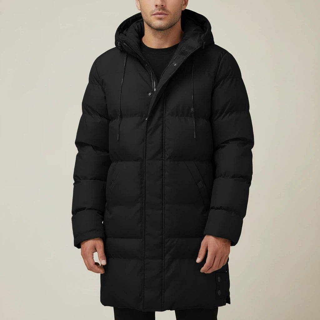 Pufferjacka herr med huva i syntetiskt tyg | Vinterbruk