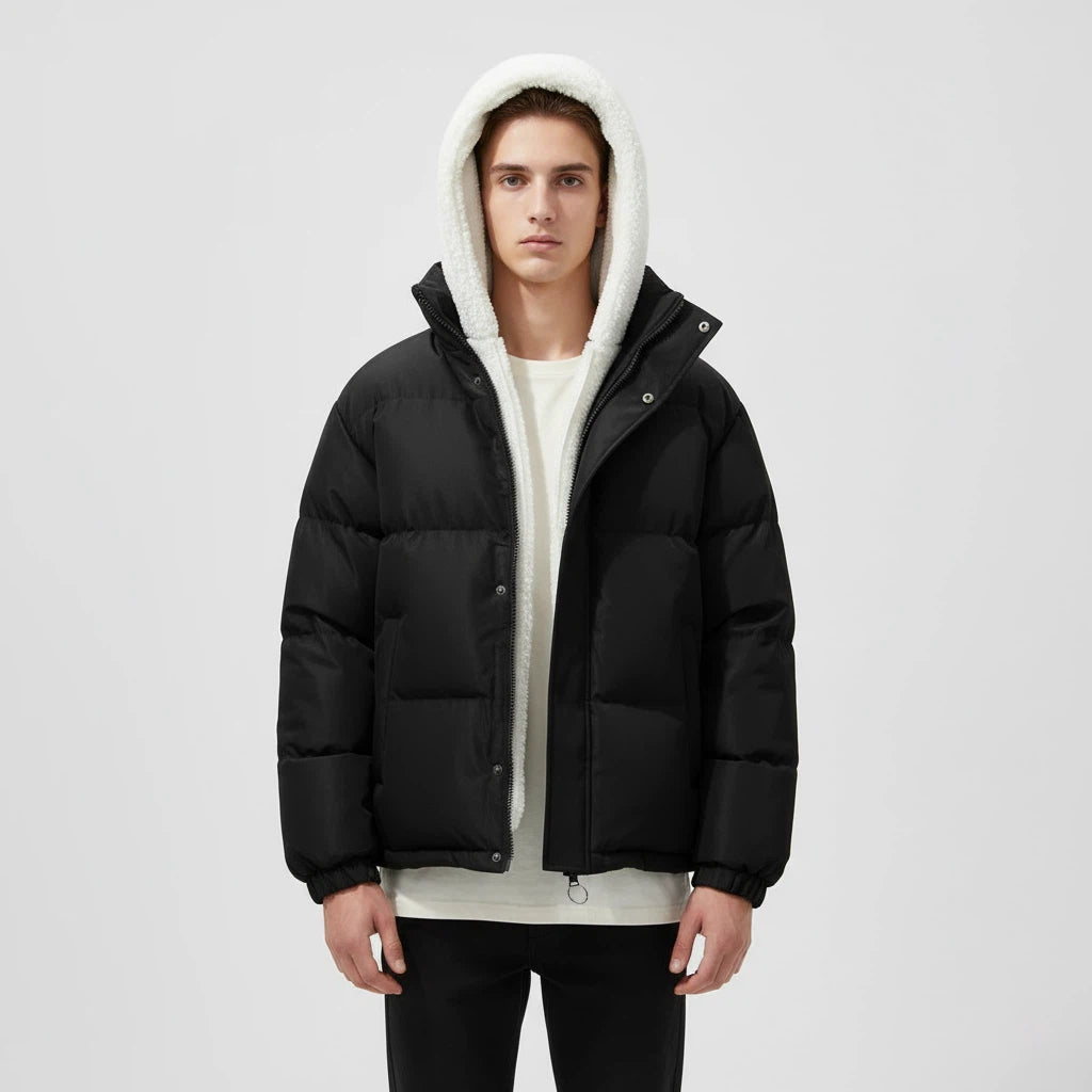 Vinterjacka med huva svart vit | kalla dagar vardagsbruk