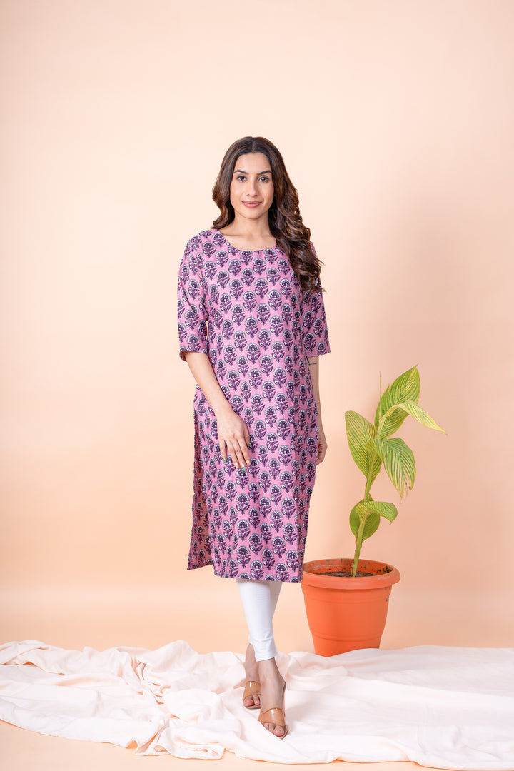Lata Wine Pink Block Print Kurti