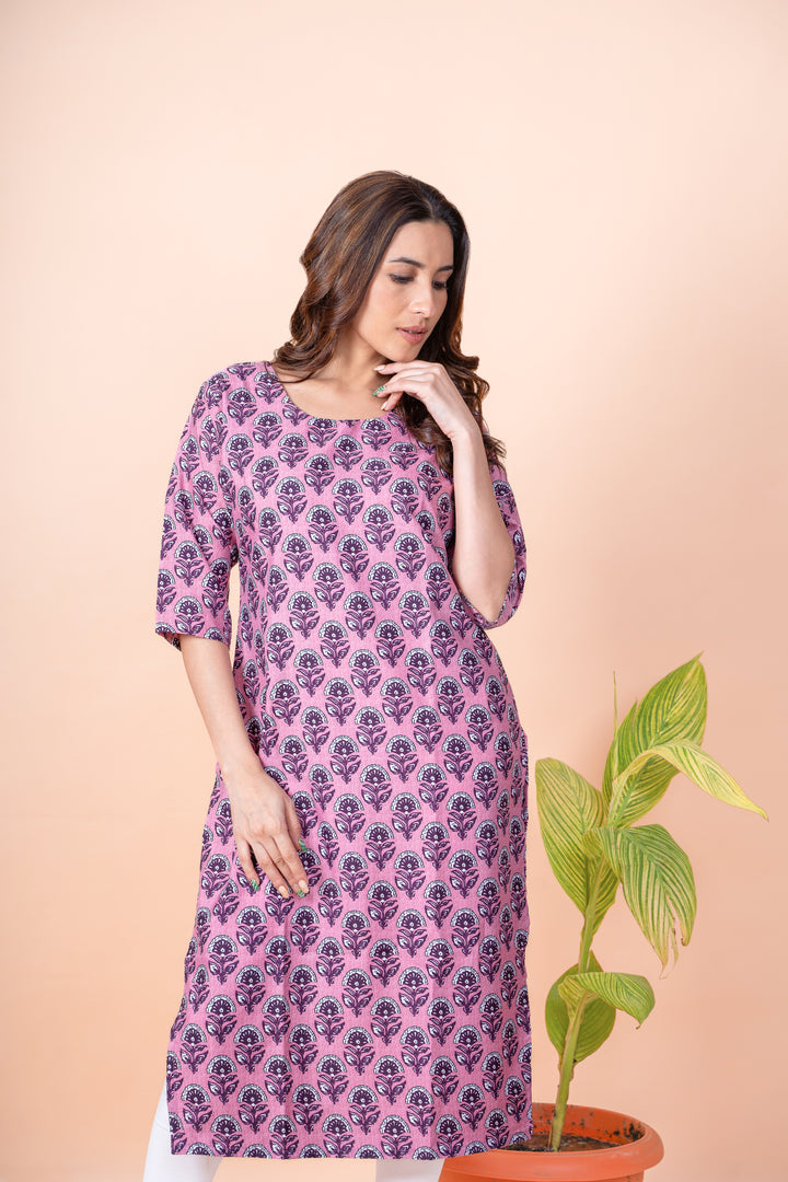 Lata Wine Pink Block Print Kurti