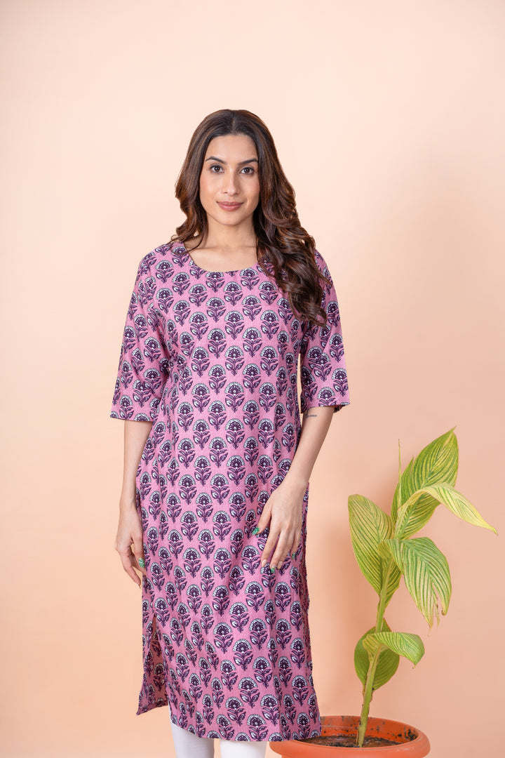Lata Wine Pink Block Print Kurti