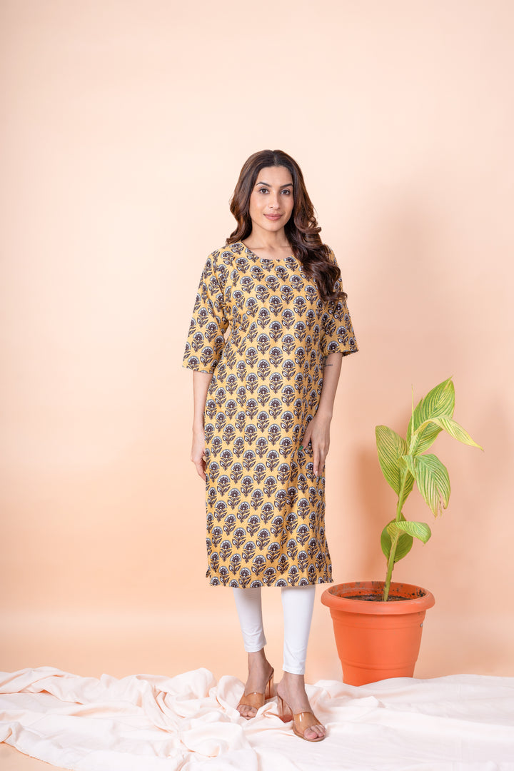 Saanvi Yellow Block Print Kurti