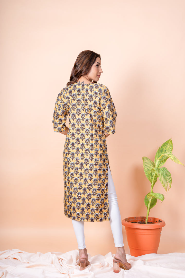 Saanvi Yellow Block Print Kurti