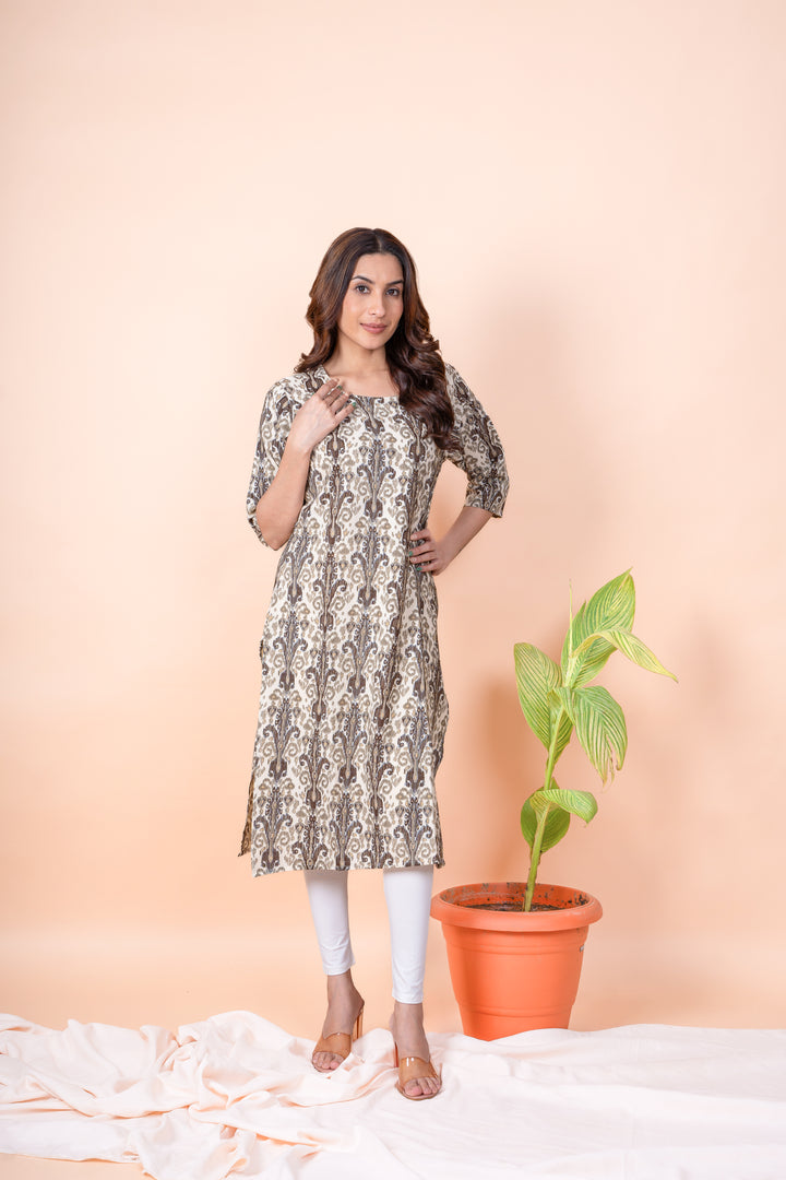 Yamuna Beige Ikat Print Kurti