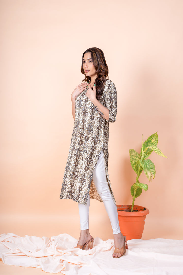 Yamuna Beige Ikat Print Kurti