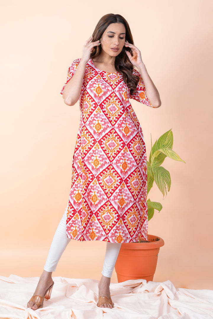 Kamini Orange Red Ikat Kurti