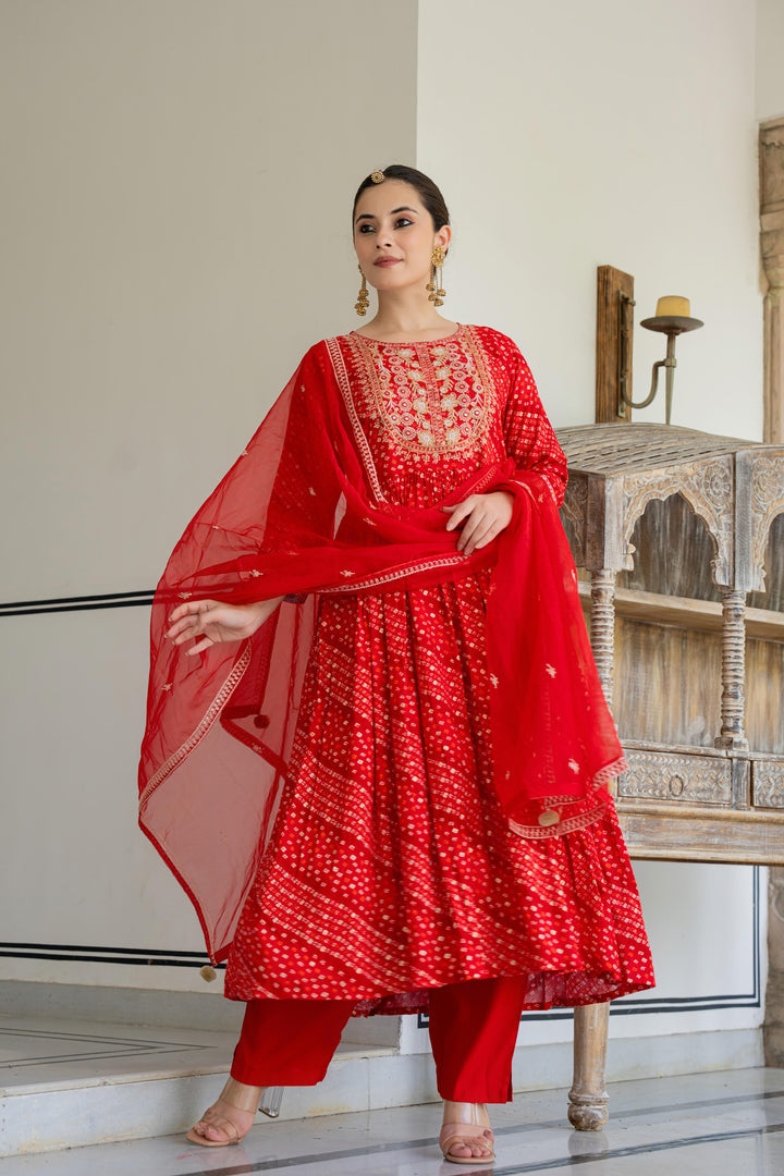Red bandhani kurta set with embroidery work