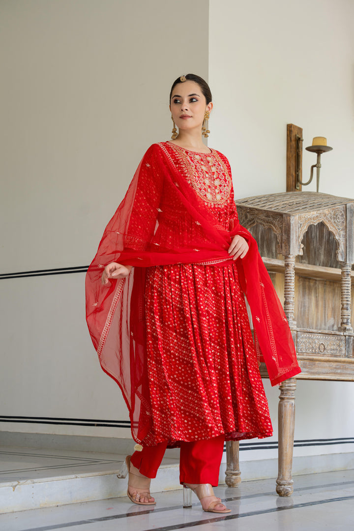 Red bandhani kurta set with embroidery work