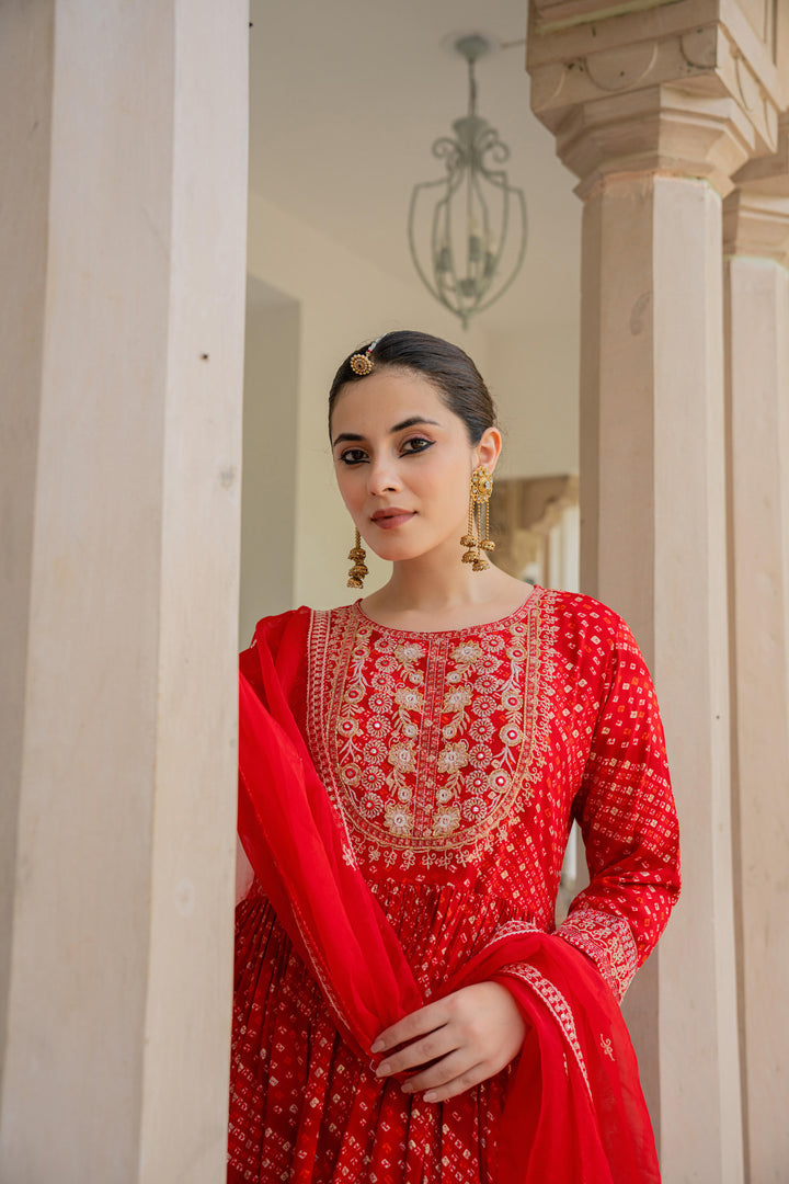 Red bandhani kurta set with embroidery work