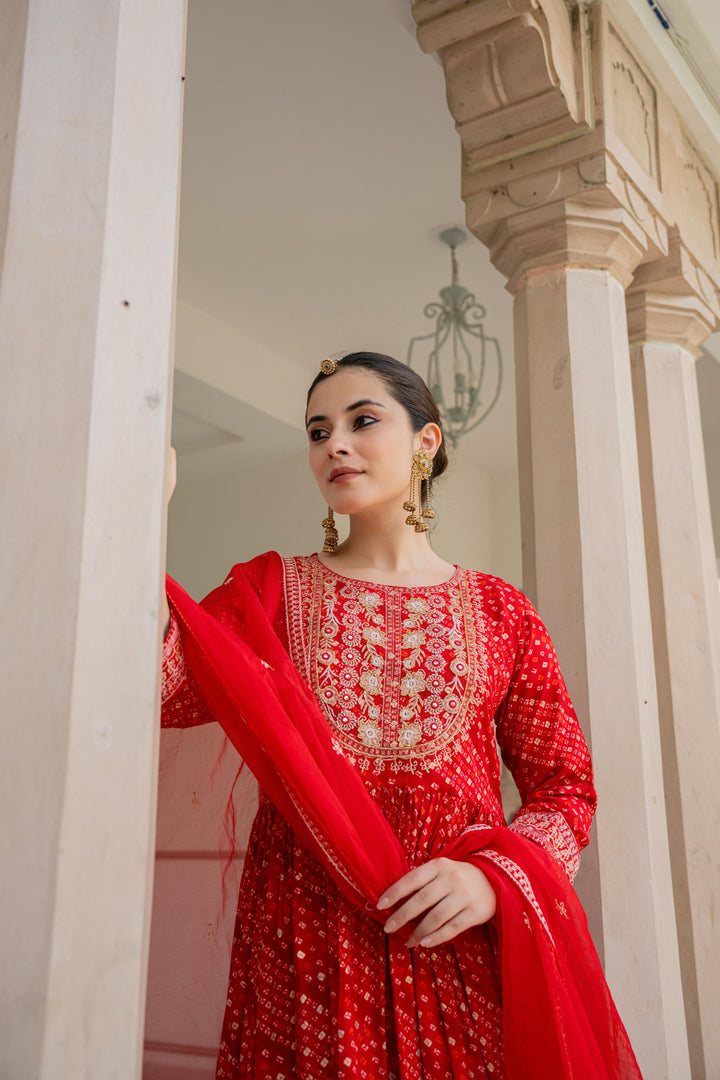 Red bandhani kurta set with embroidery work