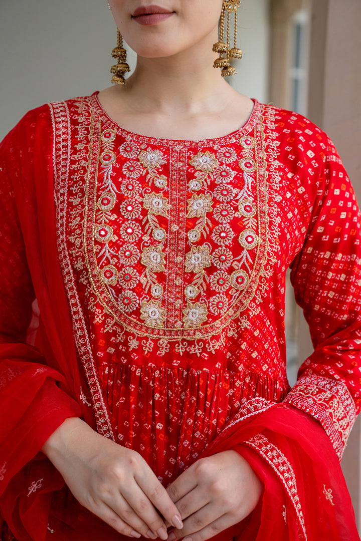 Red bandhani kurta set with embroidery work