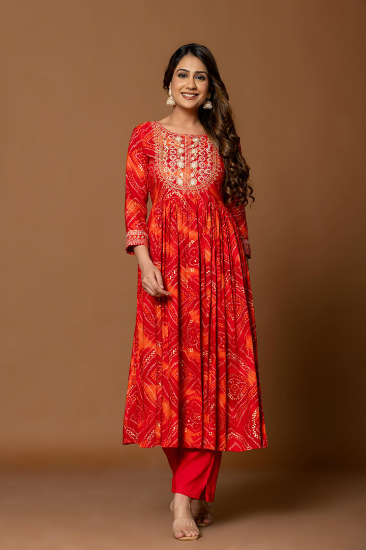 Red bandhani kurta set with embroidery work