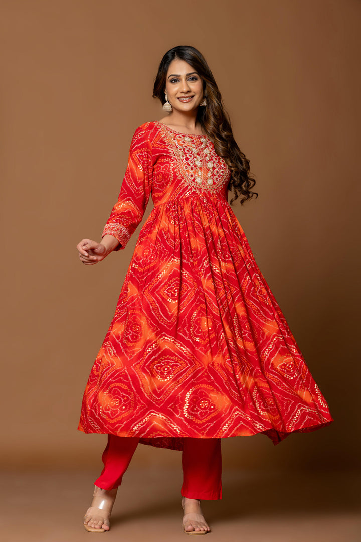 Red bandhani kurta set with embroidery work
