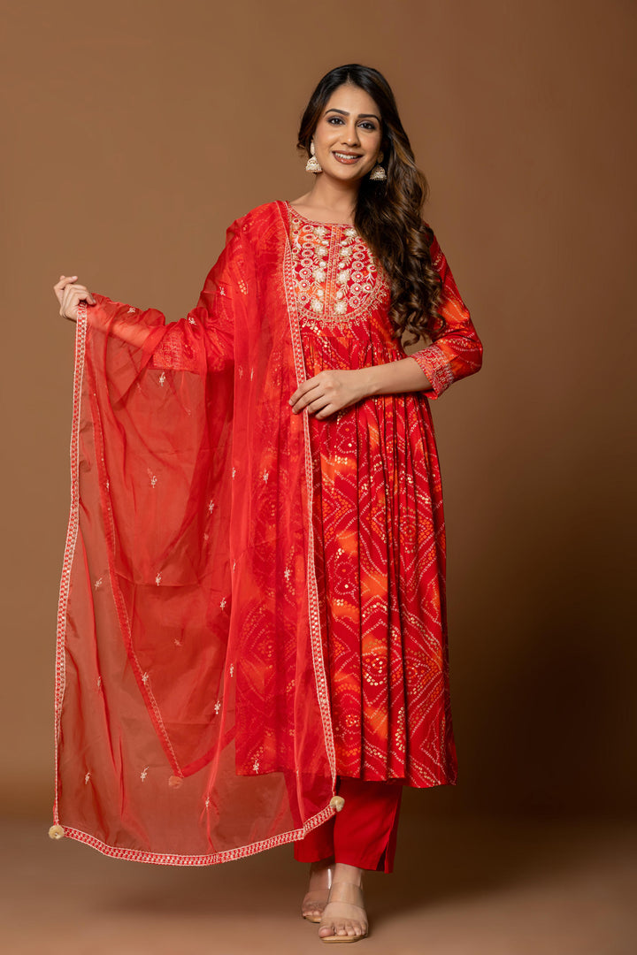 Red bandhani kurta set with embroidery work