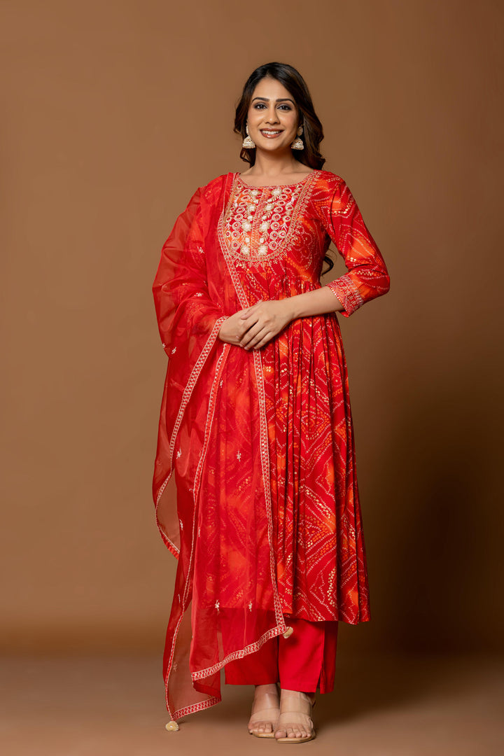 Red bandhani kurta set with embroidery work