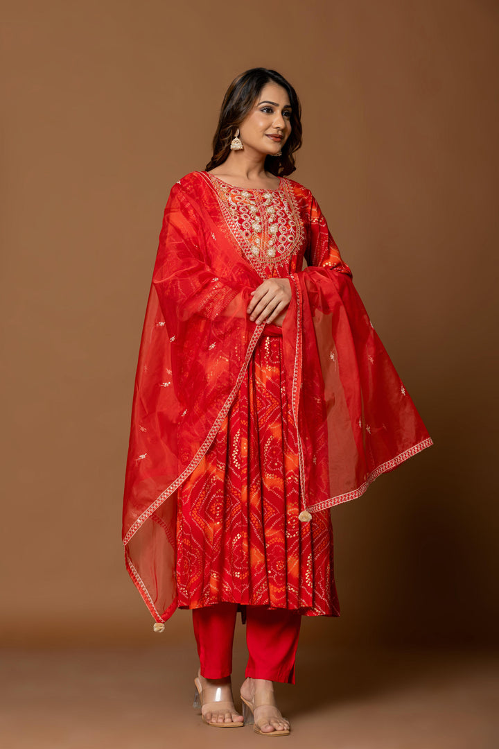 Red bandhani kurta set with embroidery work