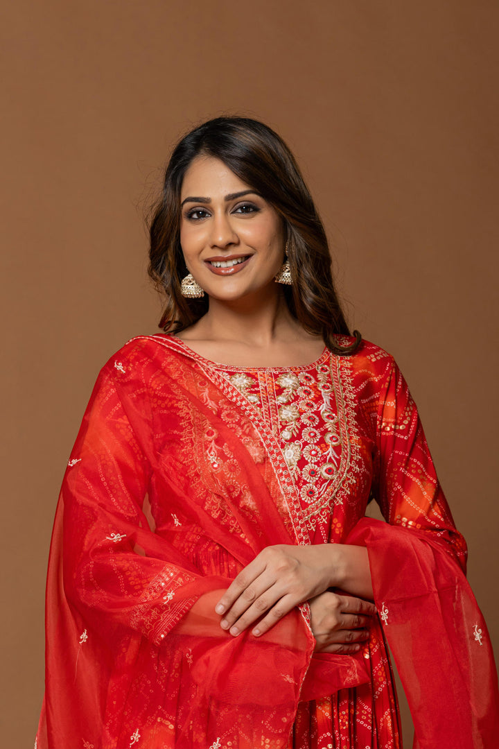 Red bandhani kurta set with embroidery work