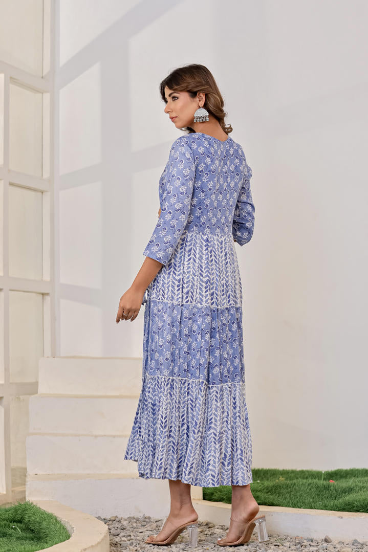 Blue cotton printed middie with embroidery work