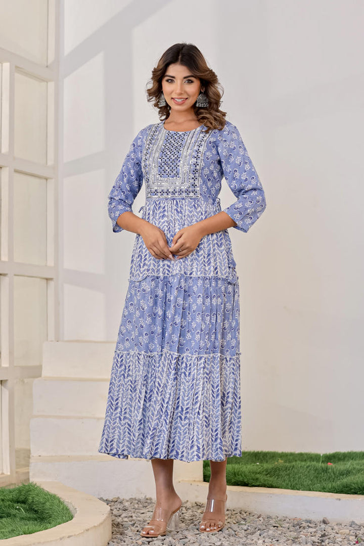 Blue cotton printed middie with embroidery work