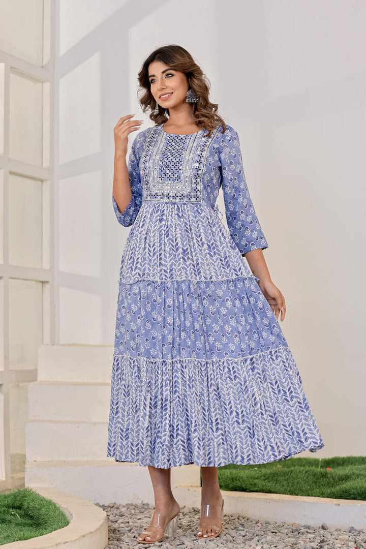 Blue cotton printed middie with embroidery work