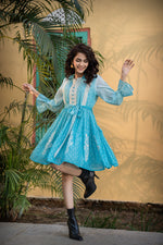 Load image into Gallery viewer, Blue cotton printed short dress with white embroidery
