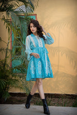 Load image into Gallery viewer, Blue cotton printed short dress with white embroidery
