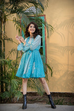 Load image into Gallery viewer, Blue cotton printed short dress with white embroidery

