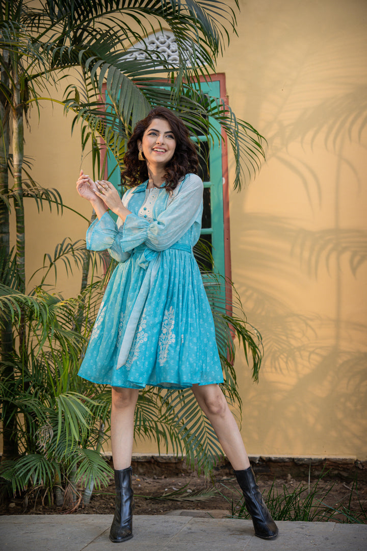 Blue cotton printed short dress with white embroidery