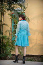 Load image into Gallery viewer, Blue cotton printed short dress with white embroidery
