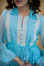 Load image into Gallery viewer, Blue cotton printed short dress with white embroidery
