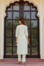 Load image into Gallery viewer, Green kurta set with work on top and bottom with printed dupatta
