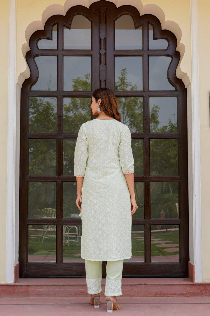 Green kurta set with work on top and bottom with printed dupatta