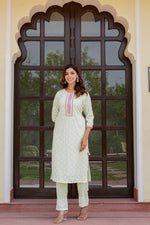 Load image into Gallery viewer, Green kurta set with work on top and bottom with printed dupatta
