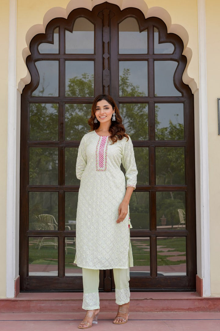 Green kurta set with work on top and bottom with printed dupatta