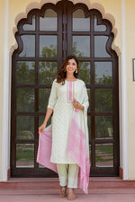 Load image into Gallery viewer, Green kurta set with work on top and bottom with printed dupatta
