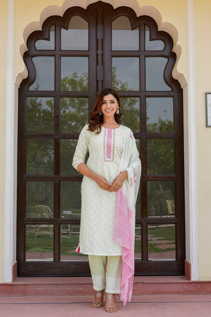 Green kurta set with work on top and bottom with printed dupatta