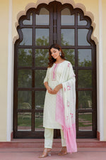Load image into Gallery viewer, Green kurta set with work on top and bottom with printed dupatta
