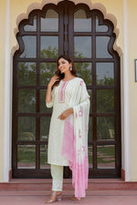 Load image into Gallery viewer, Green kurta set with work on top and bottom with printed dupatta
