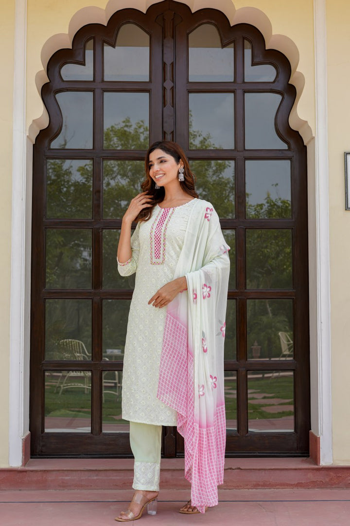 Green kurta set with work on top and bottom with printed dupatta