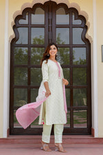 Load image into Gallery viewer, Green kurta set with work on top and bottom with printed dupatta
