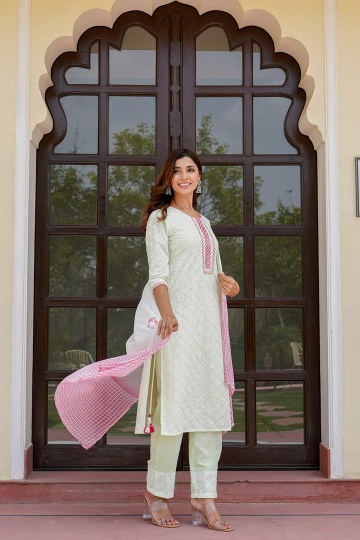 Green kurta set with work on top and bottom with printed dupatta