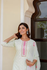 Load image into Gallery viewer, Green kurta set with work on top and bottom with printed dupatta
