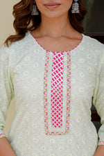 Load image into Gallery viewer, Green kurta set with work on top and bottom with printed dupatta
