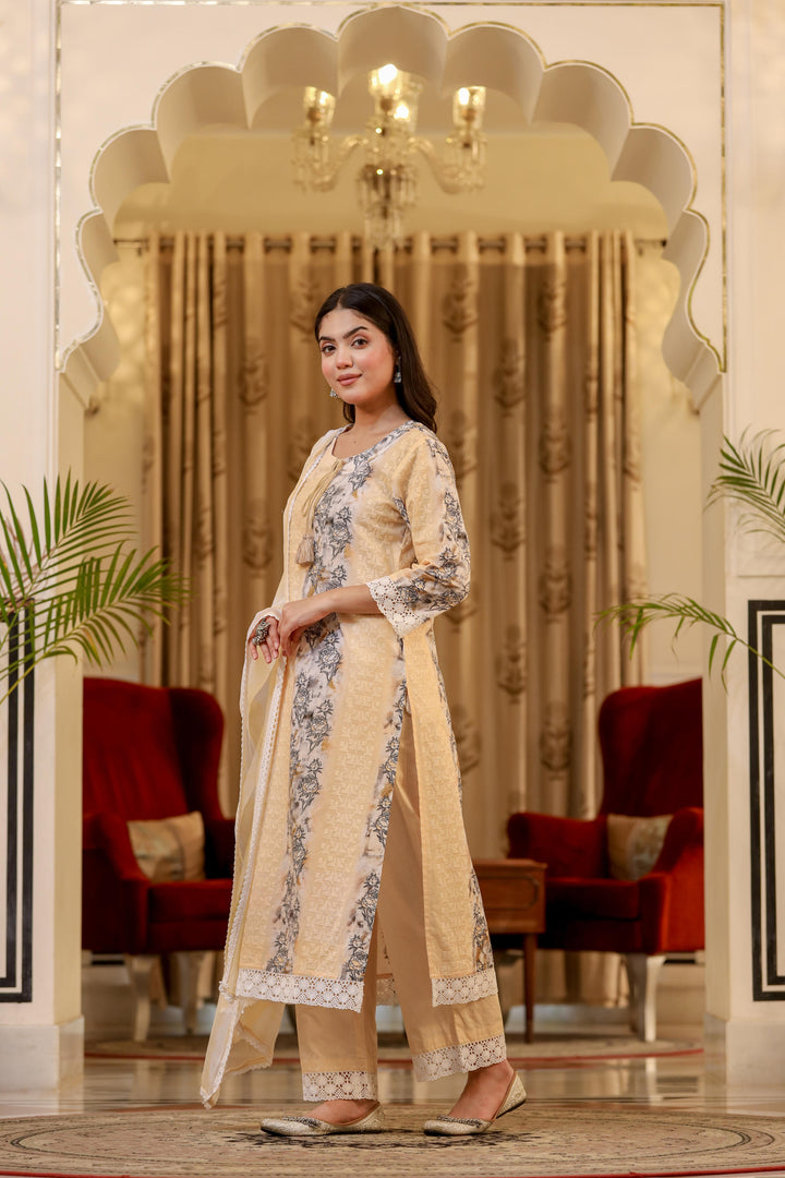 Yellow cotton shifley printed kurta set