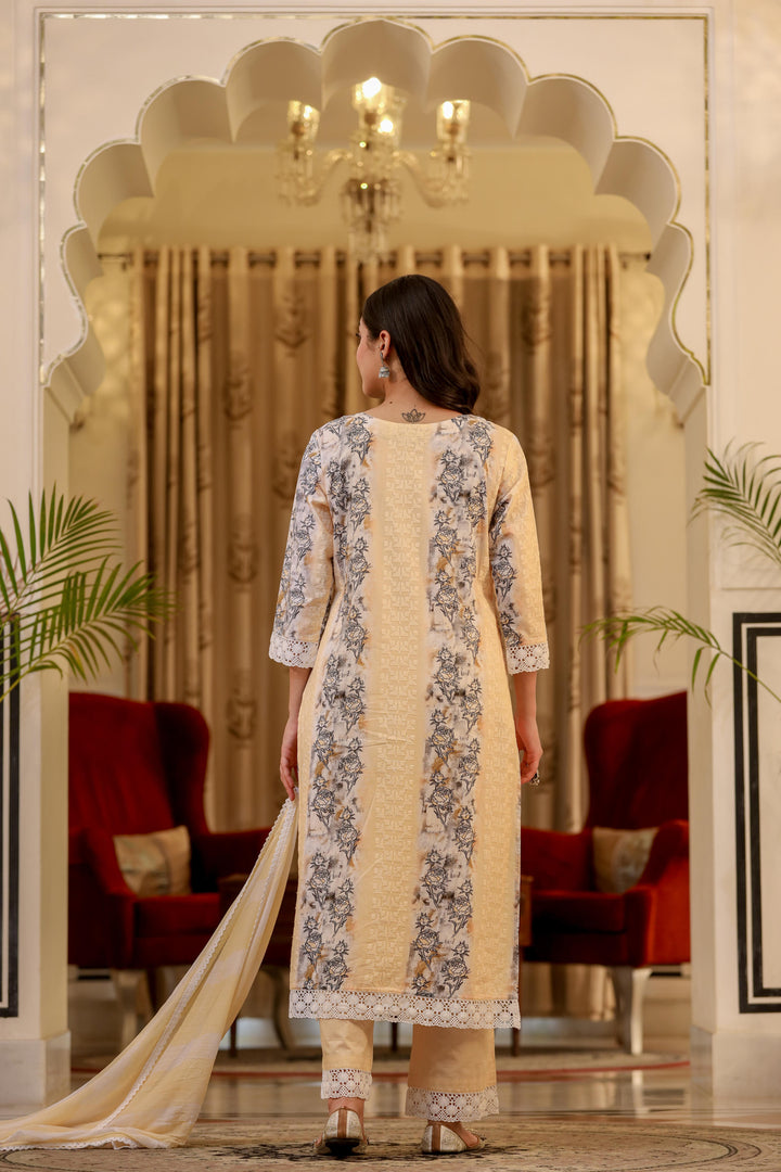 Yellow cotton shifley printed kurta set