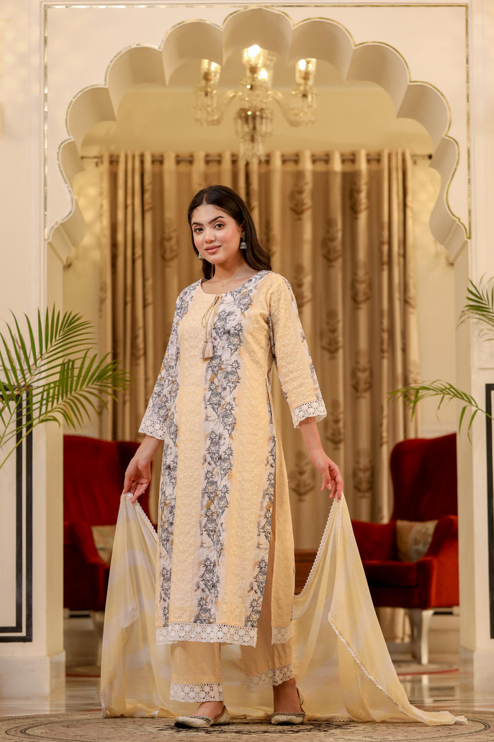 Yellow cotton shifley printed kurta set