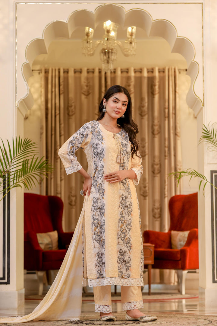 Yellow cotton shifley printed kurta set