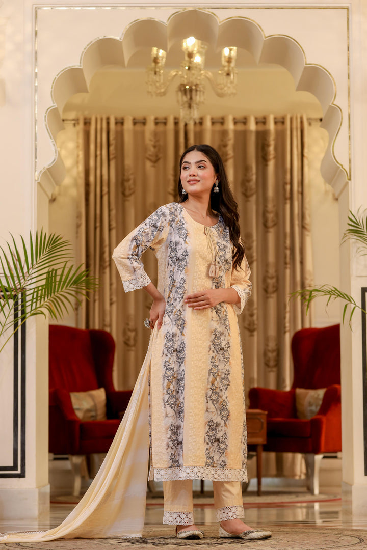 Yellow cotton shifley printed kurta set
