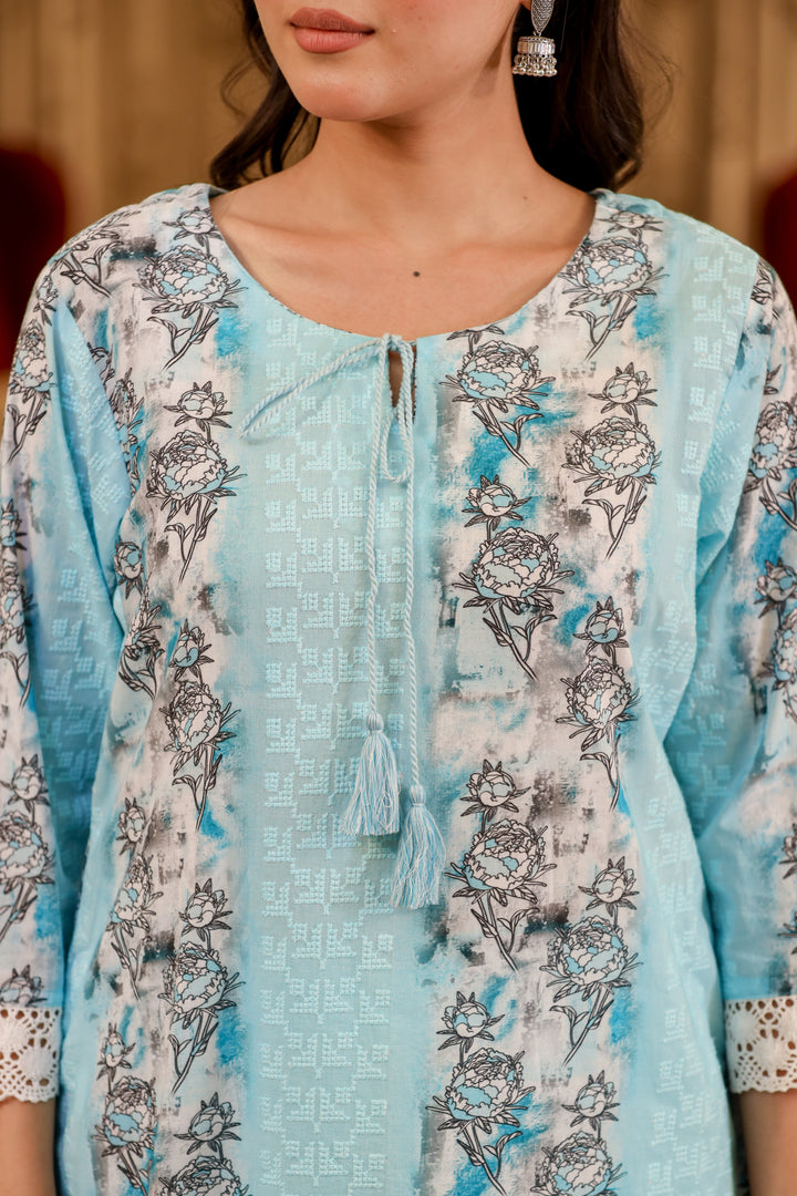 Blue cotton shifley printed kurta set