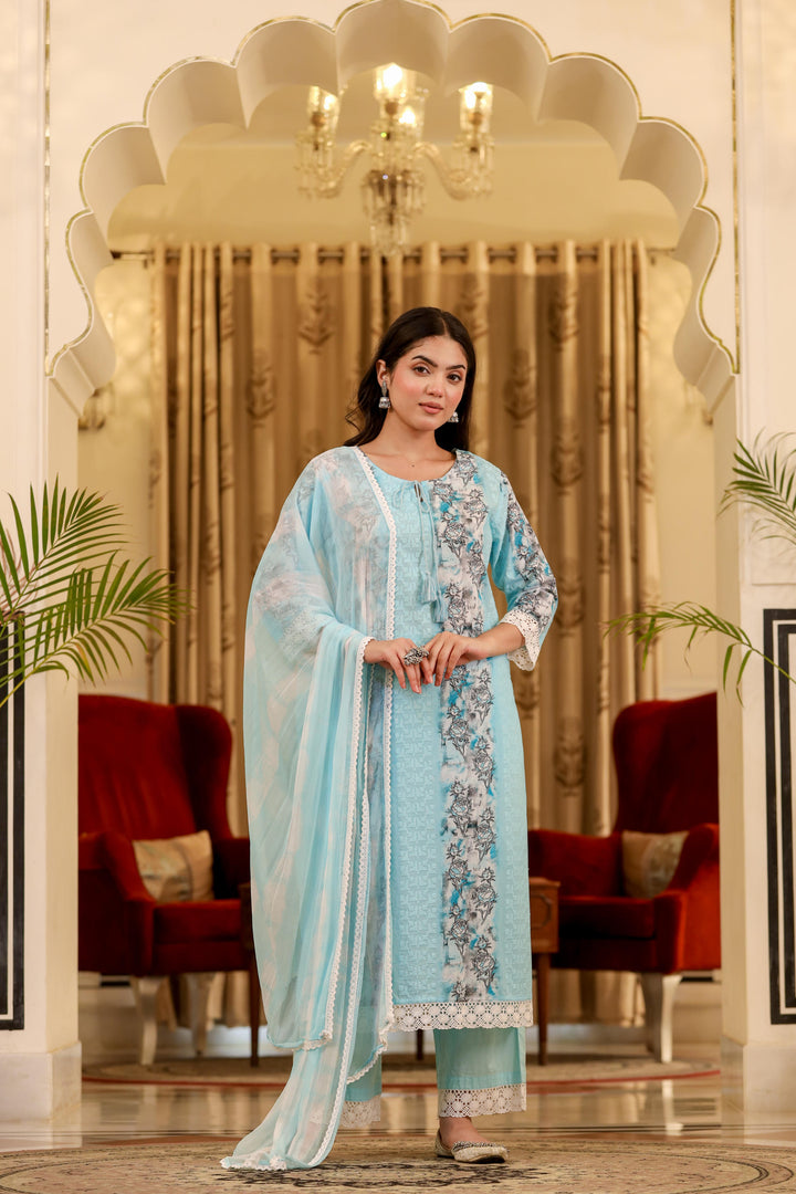 Blue cotton shifley printed kurta set